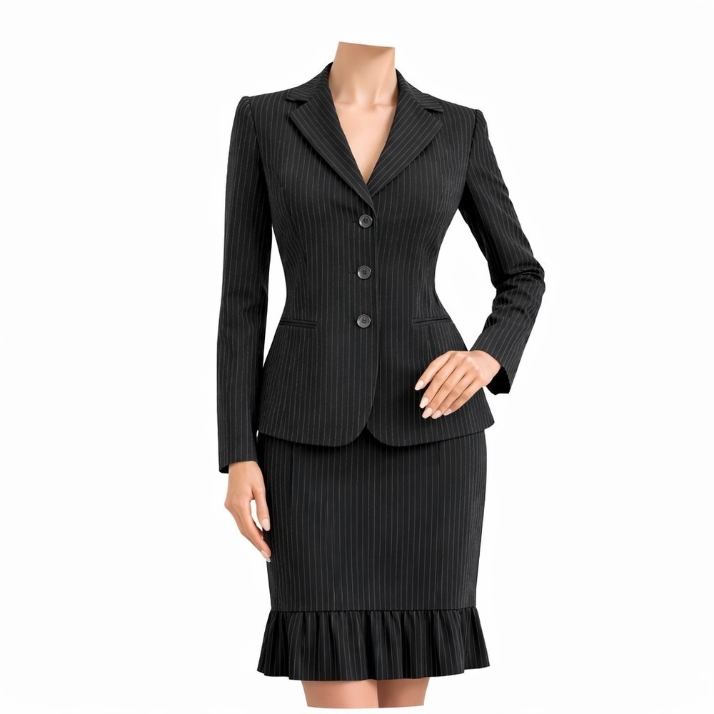 TAHARI ASL Black Pinstripe 2-Piece Suit: Size 4 Pleated Skirt & Size 6 Blazer